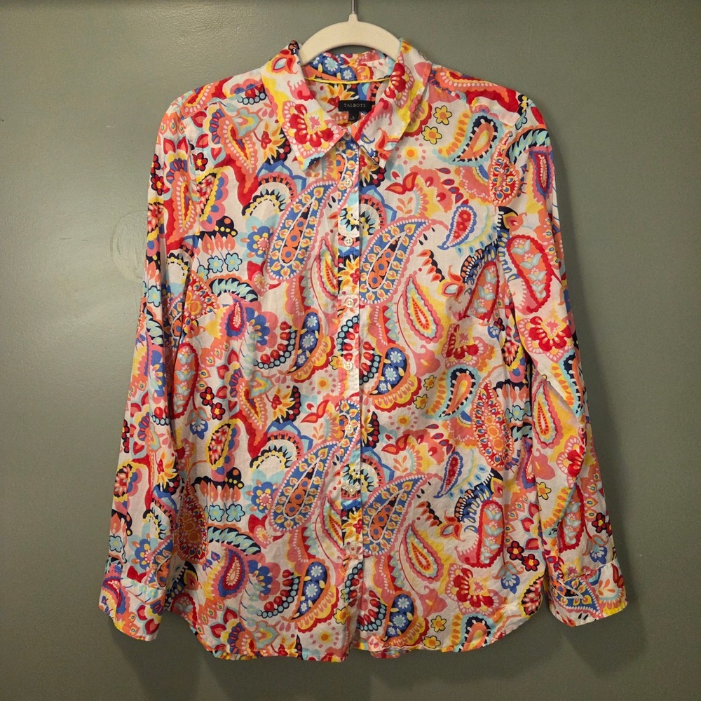 Talbots Women's Paisley Print Long Sleeve Button Up Size L Multi 100% Cotton